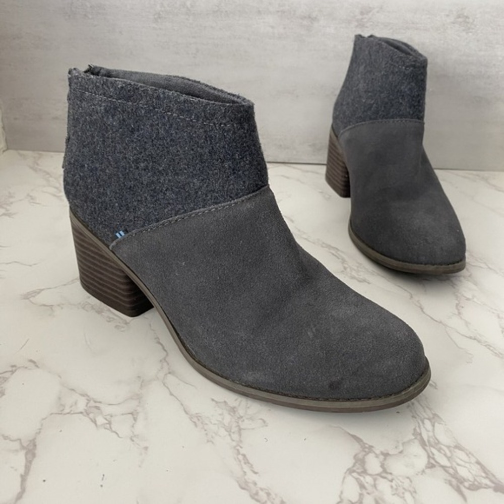 TOMS Lacy Ankle Boots Booties Women Sz 8 Gray Suede Felt Mid Heel